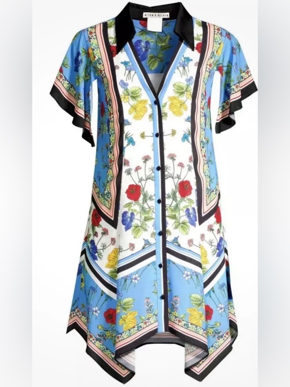Alice + Olivia Conner Floral Print Silk Flutter Handkerchief Hem Shirtdress S /P